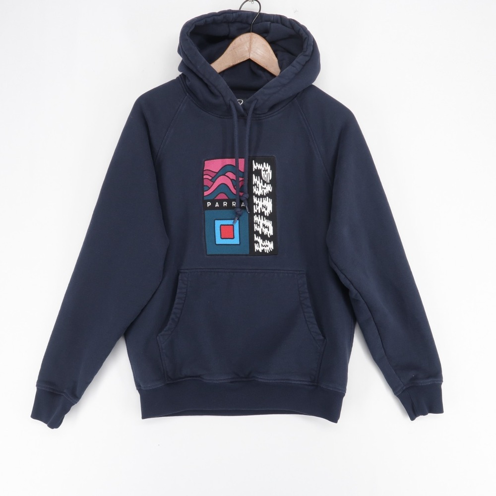 By Parra Hoodie Mens S Navy Blue Graphic Pullover Cotton Fleece Embroidered